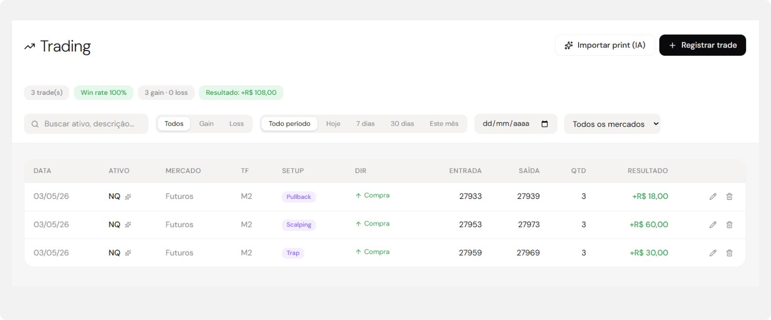 Importar trades com IA